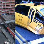 September 29, 2006:  Crane rigging from a Toll Brothers development at Third Avenue and 13th Street fell to the street, crushing a cab.  Somehow the cab's driver and passenger were uninjured.